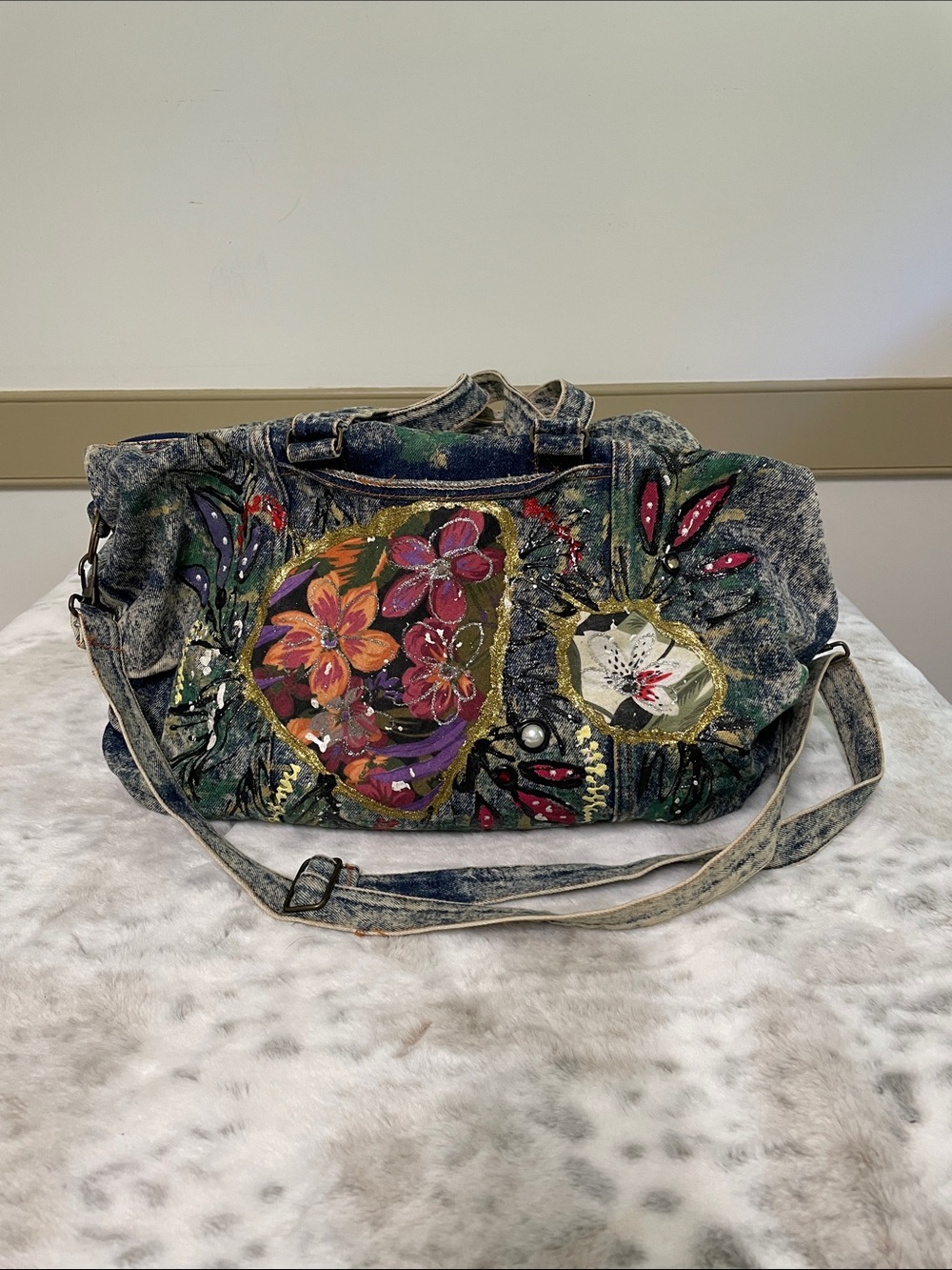 Hand-painted Denim Duffel Tote Bag
